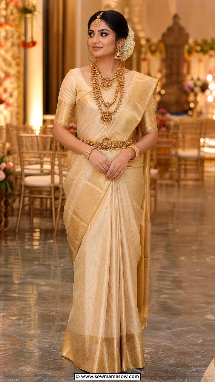 Kanjivaram Silk Saree In Cream And Gold - 25 Kerala outfit ideas