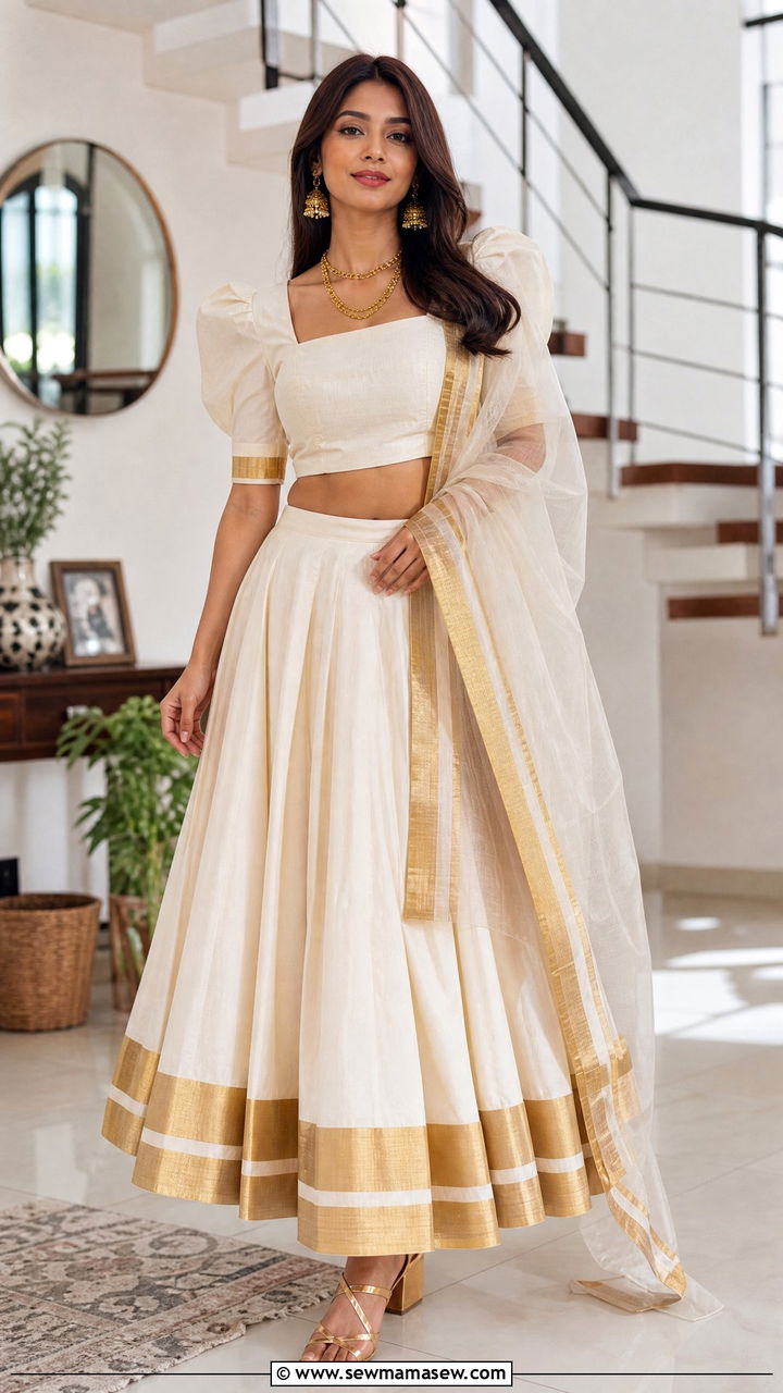 Kasavu Crop Top And Skirt Set - 25 Kerala outfit ideas