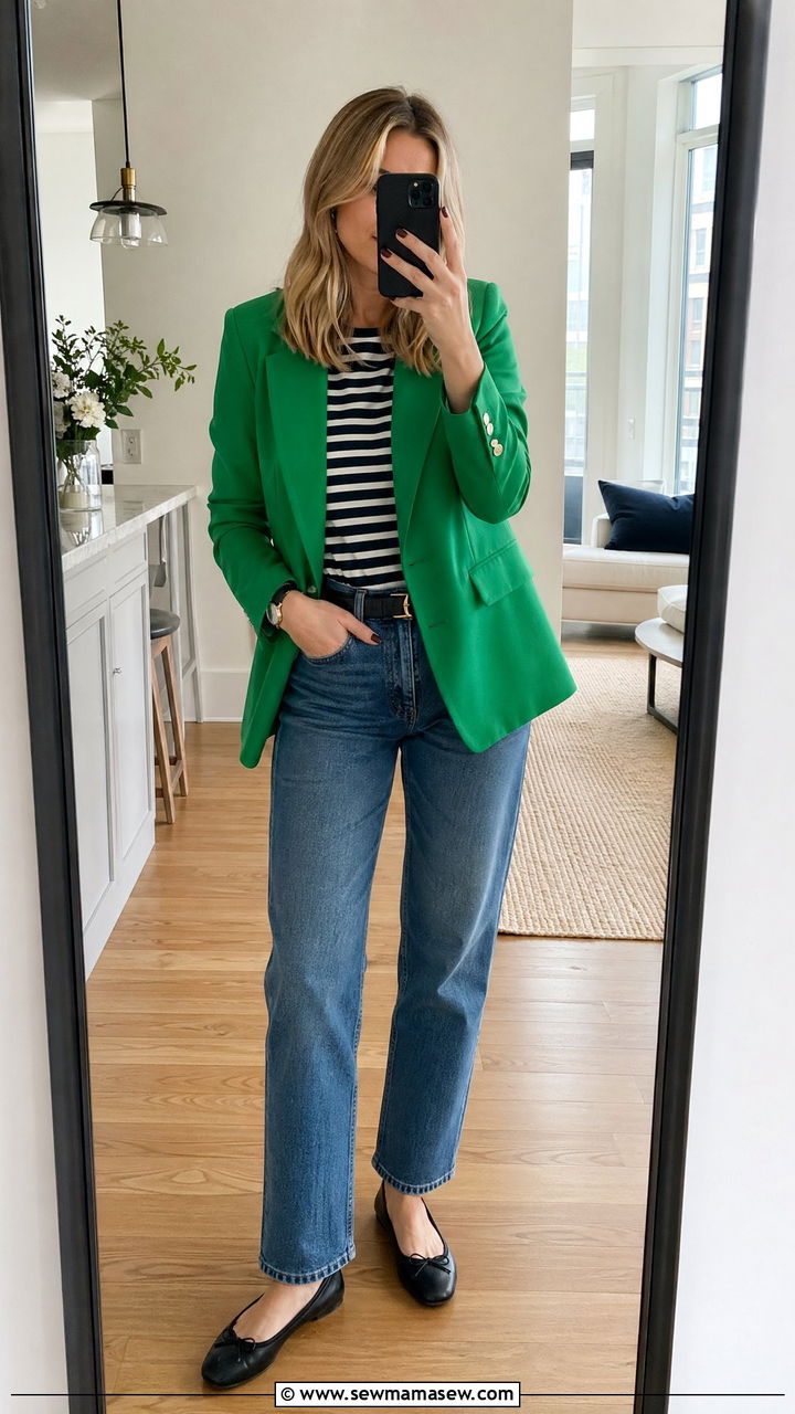 Kelly Green Blazer and Striped Breton Top Outfit - 35 Dopamine dressing outfit ideas
