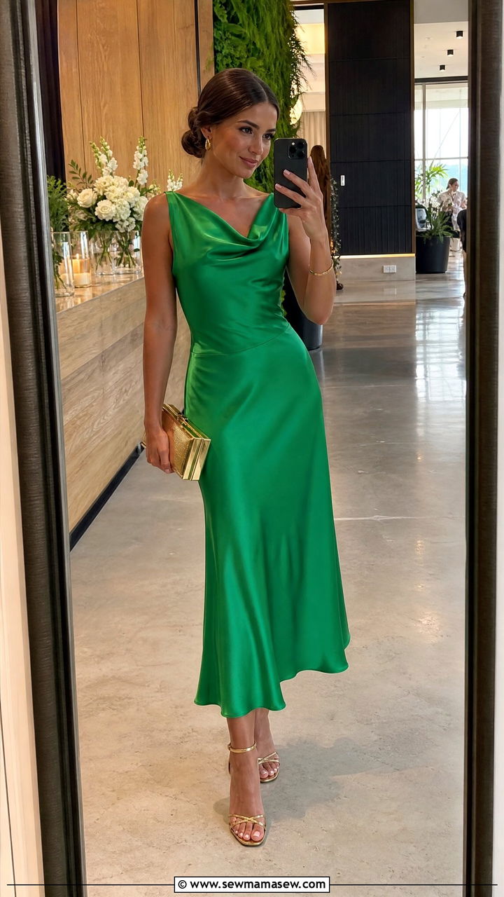 Kelly Green Satin Midi Dress With Gold Heels - 35 Green dress outfit ideas for wedding guest