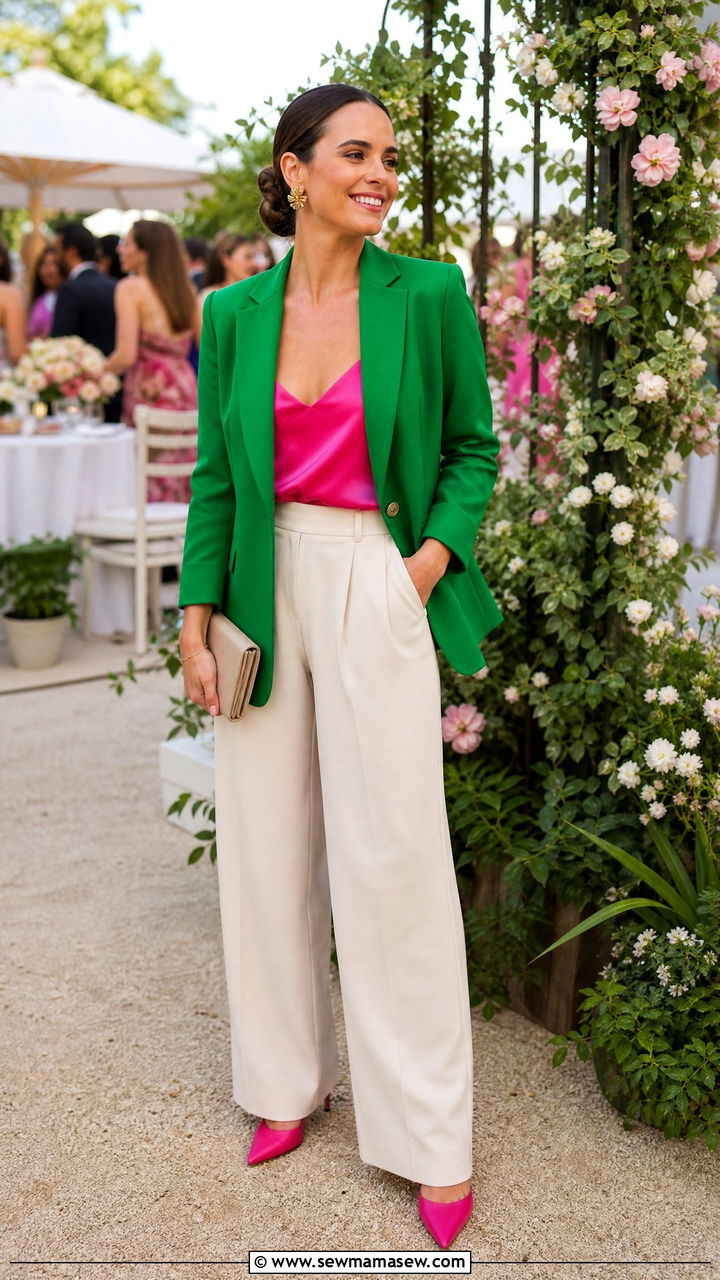 Kelly green and pink blazer with trousers - 35 Kelly green outfit ideas