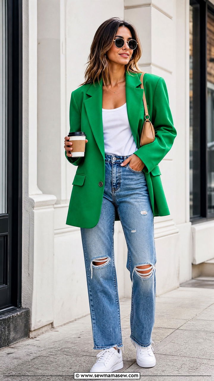 Kelly green blazer with distressed denim outfit - 35 Kelly green outfit ideas