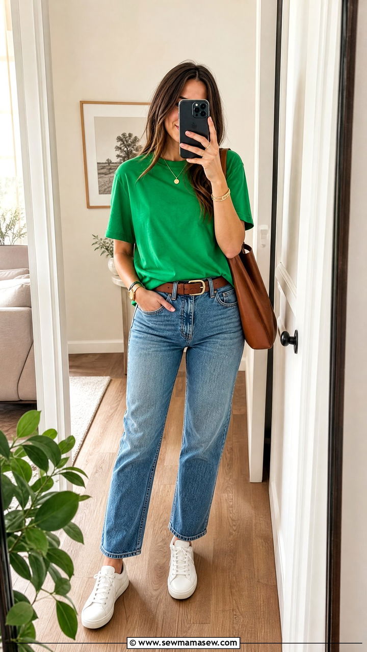 Kelly green casual t shirt with blue jeans - 35 Kelly green outfit ideas
