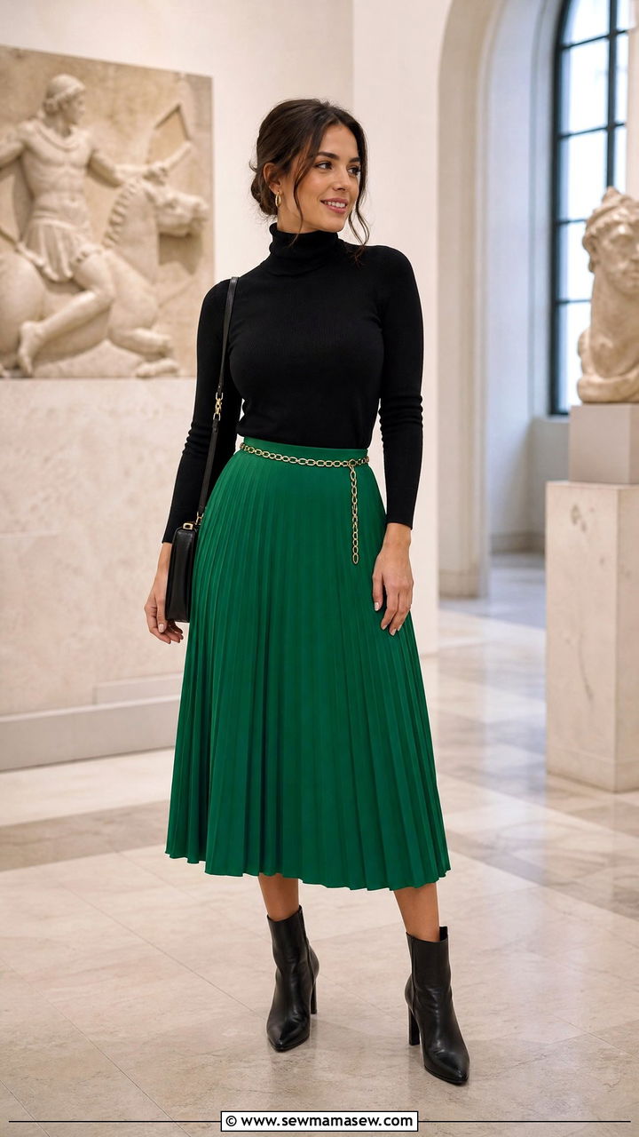 Kelly green pleated skirt with turtleneck sweater - 35 Kelly green outfit ideas