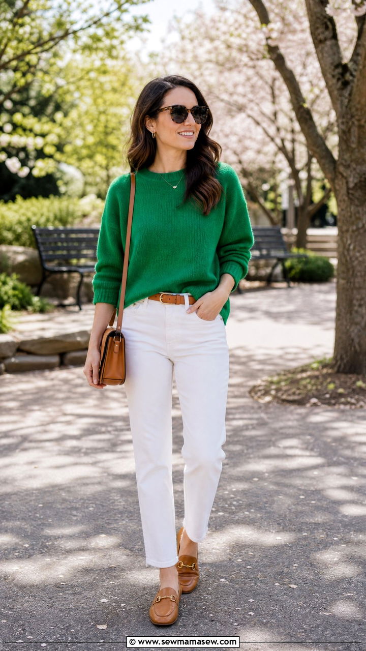 Kelly green sweater with white straight leg jeans - 35 Kelly green outfit ideas