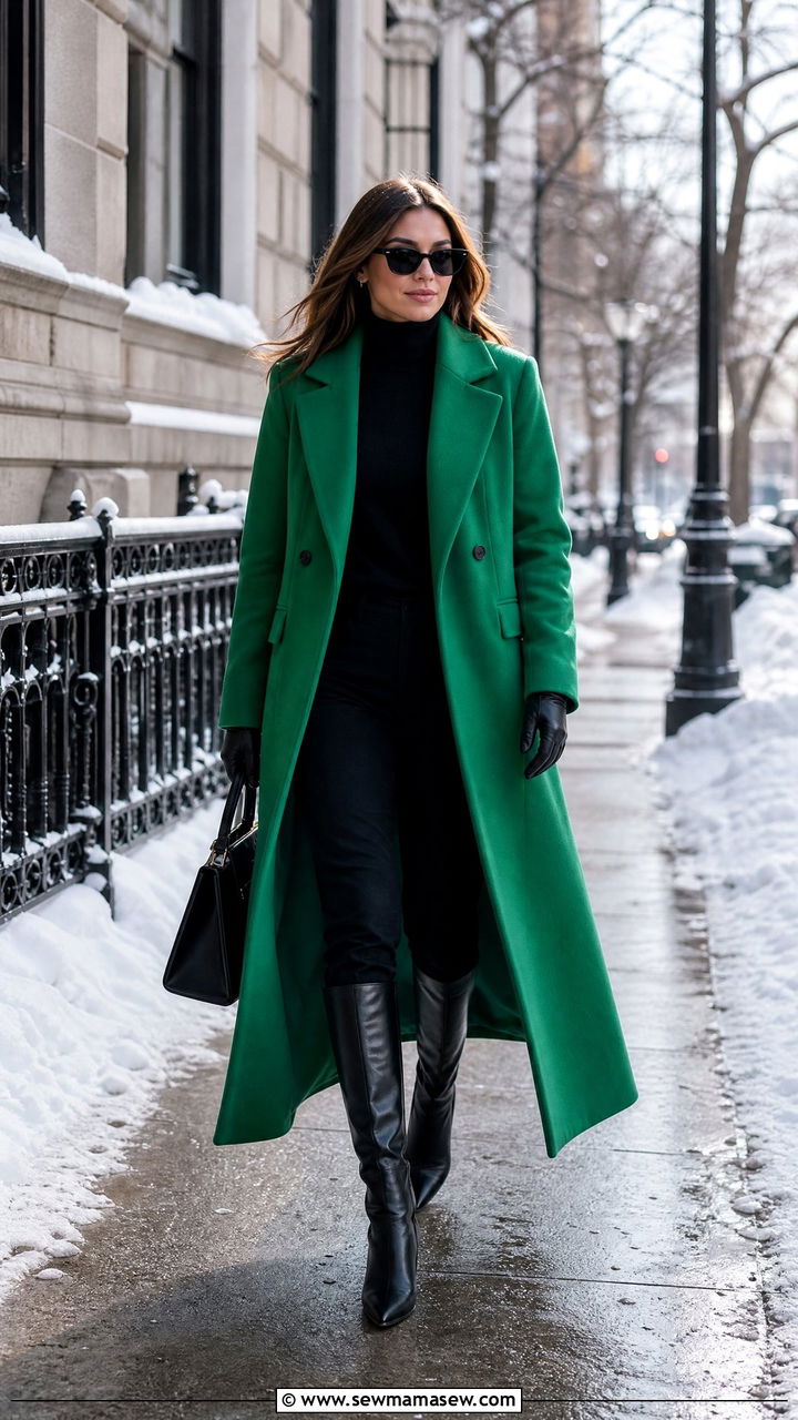 Kelly green winter wool coat with black jeans - 35 Kelly green outfit ideas