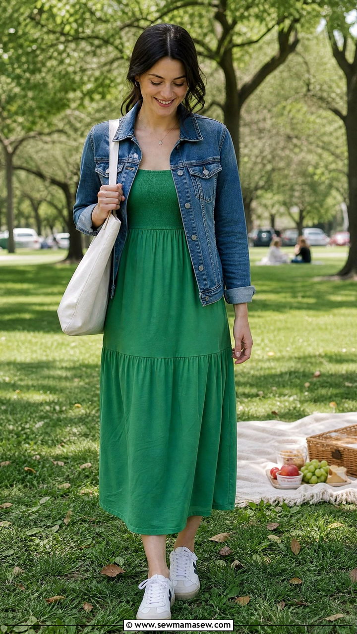 Kelly green with denim jacket and sneakers - 35 Kelly green outfit ideas