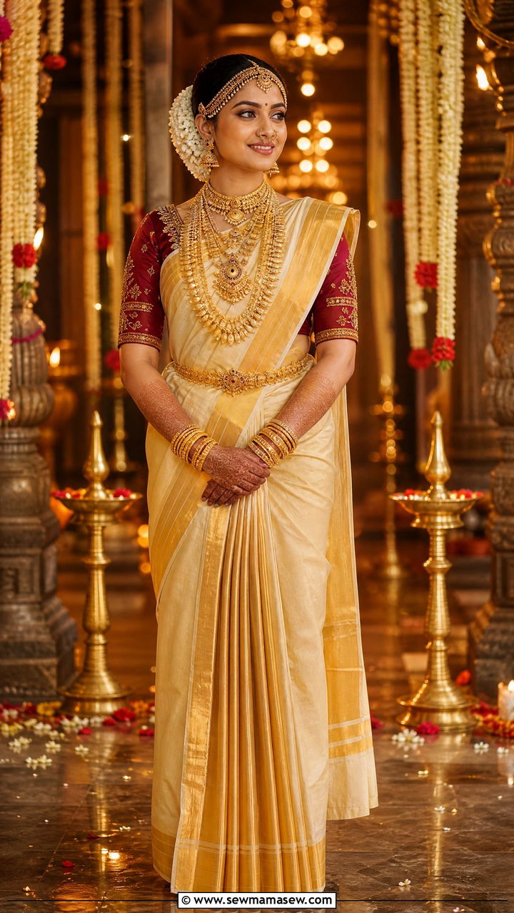 Kerala Bridal Look With Kasavu And Temple Jewelry - 25 Kerala outfit ideas