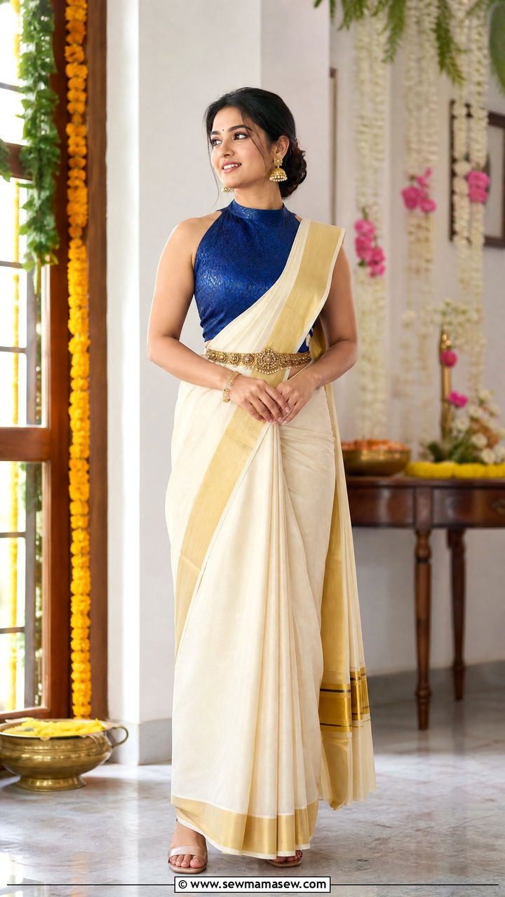 Kerala Set Mundu With Contrast Blouse - 25 Kerala outfit ideas