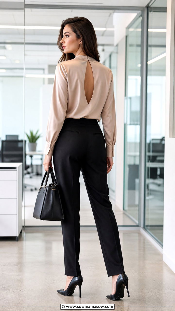 Keyhole back satin blouse with tailored trousers and pumps - 25 Outfit ideas to flatter back