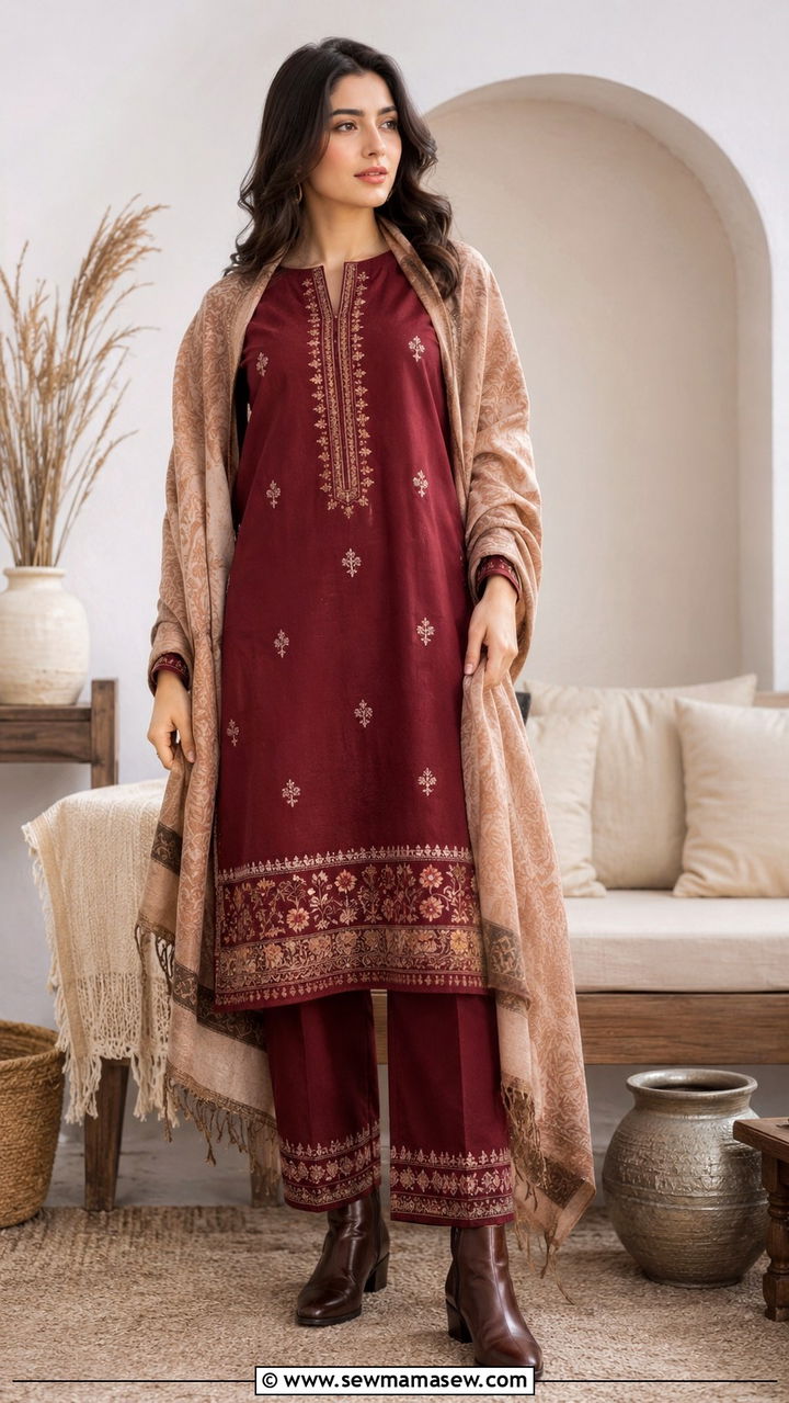 Khaddar Suit With Pashmina Shawl - 20 Modest outfit ideas for Pakistan