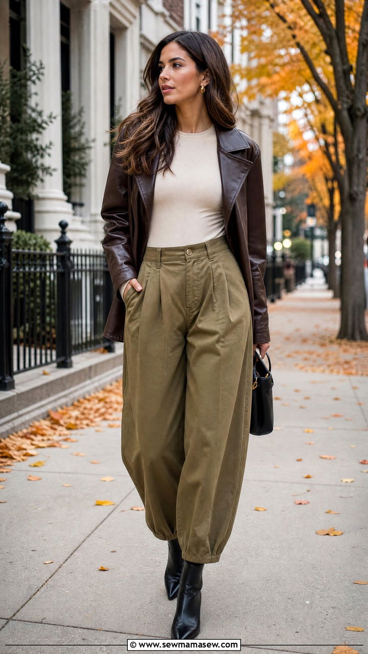 Khaki Balloon Pants With Bodysuit And Ankle Boots For Fall - 30 cute balloon pants outfits