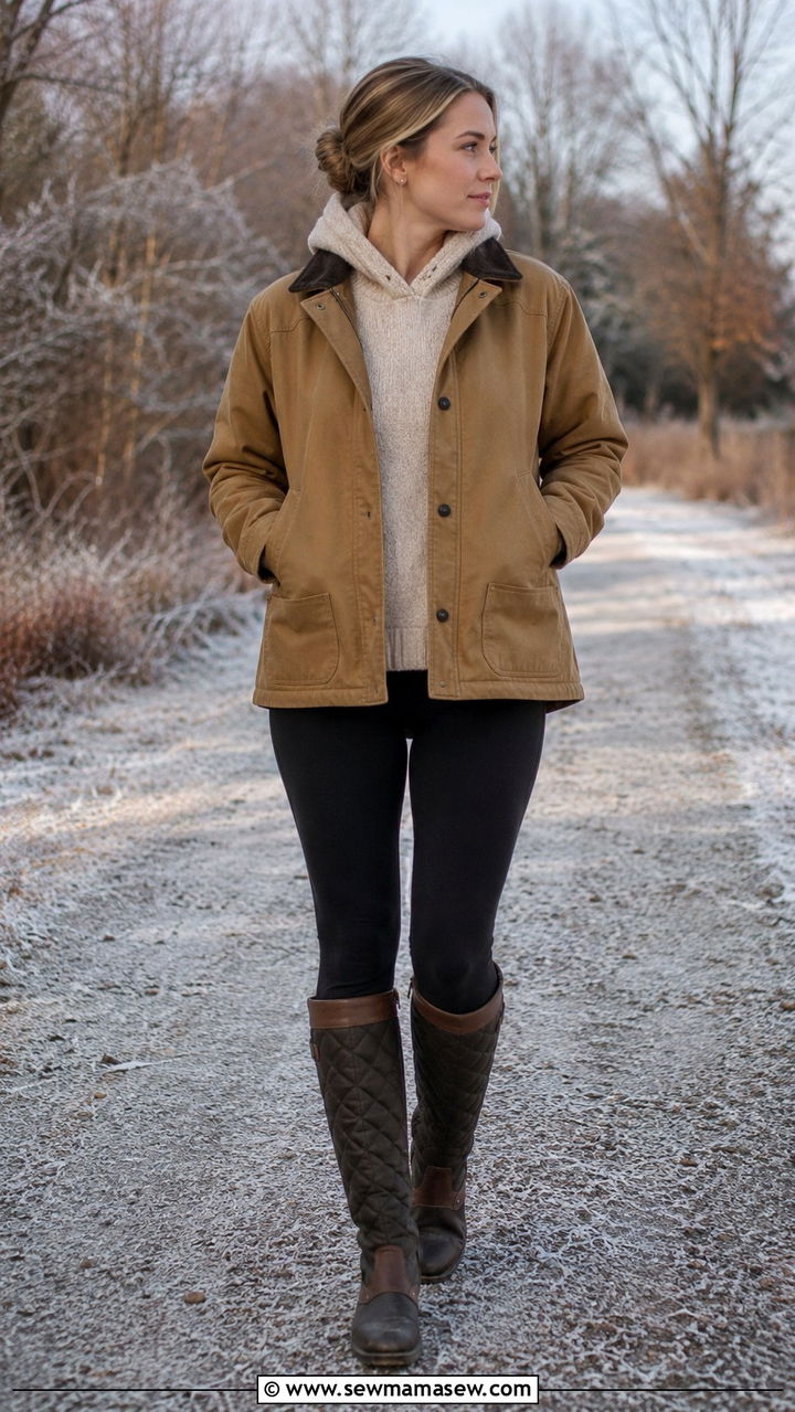 Khaki Barn Jacket With Leggings And Quilted Riding Boots - 25 Old money outfit ideas with barn jacket