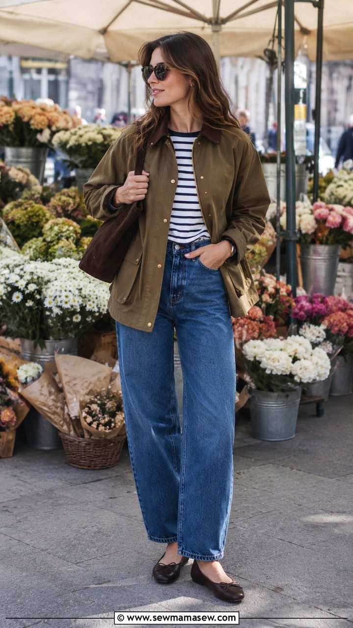 Khaki Barn Jacket With Striped Breton Tee And Barrel Leg Jeans - 25 Old money outfit ideas with barn jacket