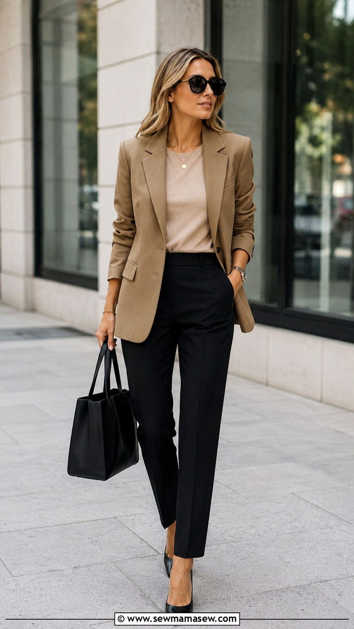 Khaki Blazer with Black Suit Pants - 30 chic office outfits for women