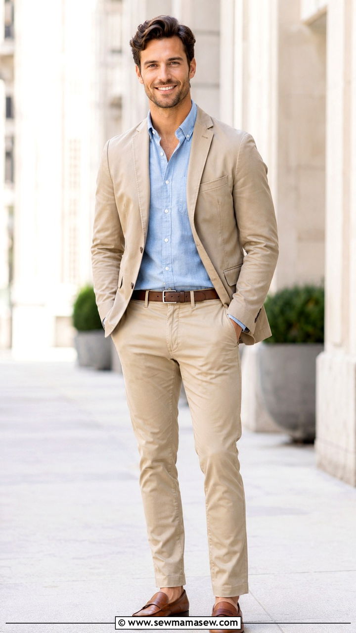 Khaki Blazer with Chambray Shirt and Chinos - 25 Professional headshot outfit ideas