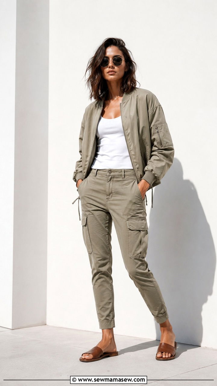 Khaki Bomber Jacket With Cargo Pants - 25 bomber jacket outfits for women over 40