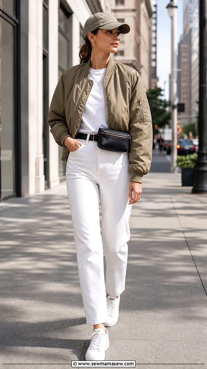 Khaki Bomber Jacket with White Jeans - 25 Khaki and white outfit ideas