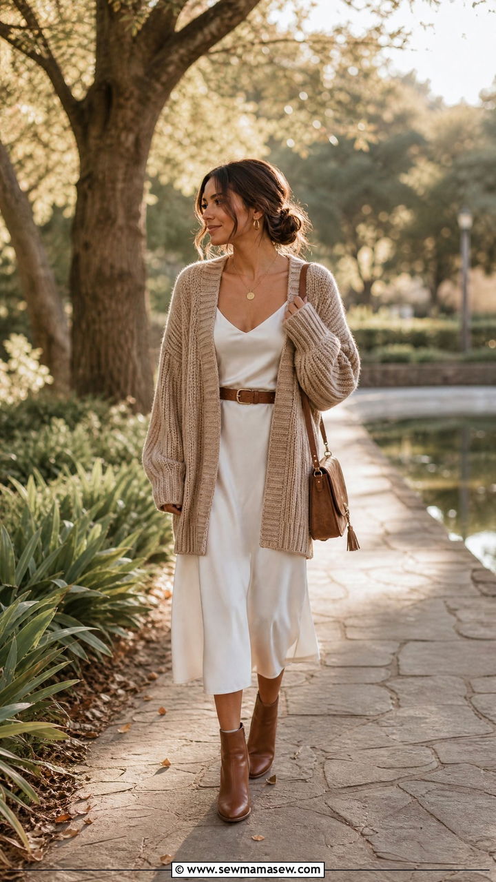 Khaki Cardigan with White Slip Dress - 25 Khaki and white outfit ideas
