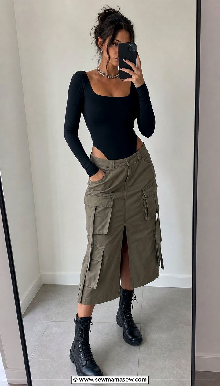 Khaki Cargo Midi Skirt With Black Bodysuit And Combat Boots - 35 cargo skirt outfit ideas