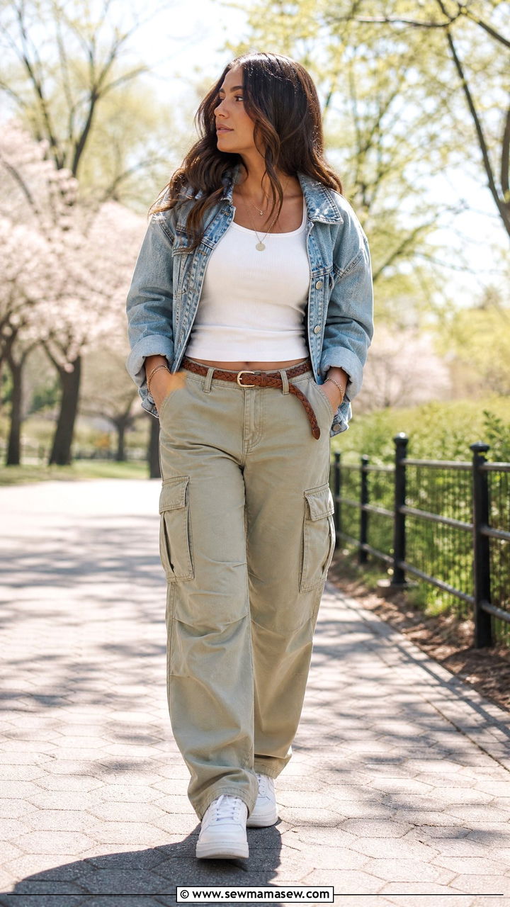 Khaki Cargo Pants With White Tank and Denim Jacket - 25 cargo pants outfits aesthetic