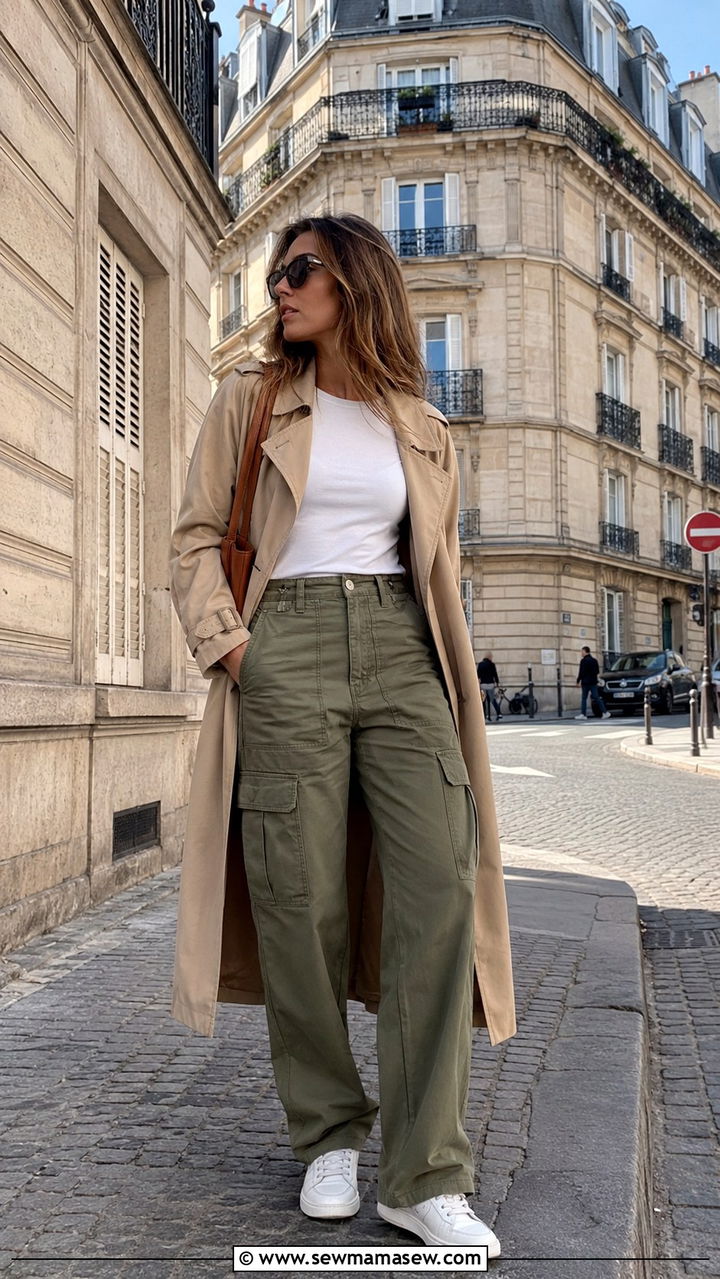 Khaki Cargo Trousers with Fitted White Tee and Trench Coat - 30 Parisian street style outfit ideas