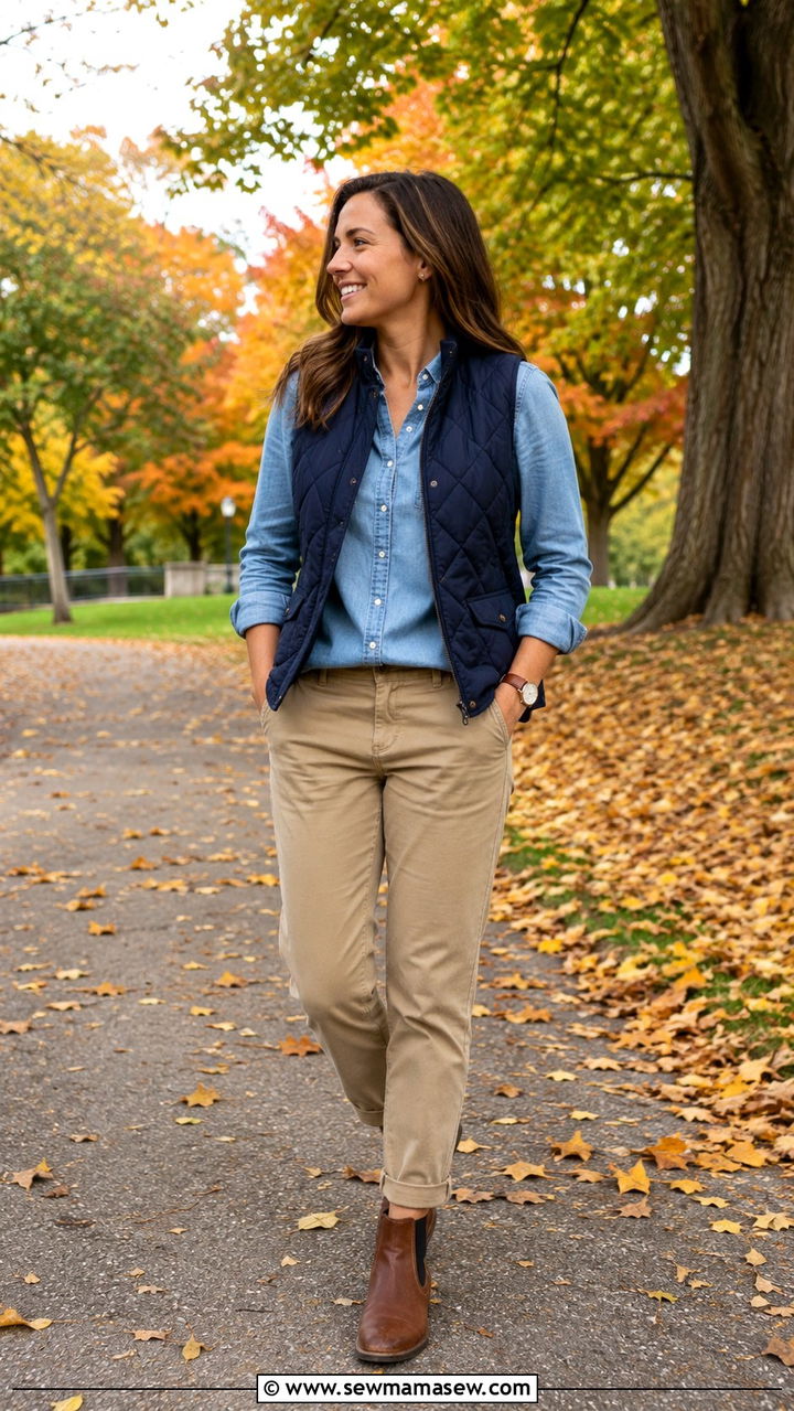 Khaki Chinos With Chambray Button Down and Quilted Navy Vest - 25 Old money outfit ideas with chinos