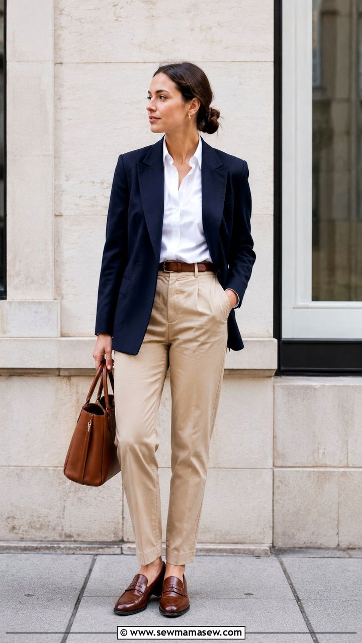 Khaki Chinos With Navy Blazer and Brown Loafers - 25 Old money outfit ideas with chinos