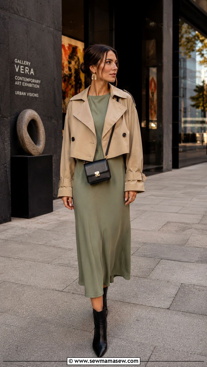 Khaki Cropped Trench Jacket With Midi Dress - 30 Khaki trench coat outfit ideas with a dress