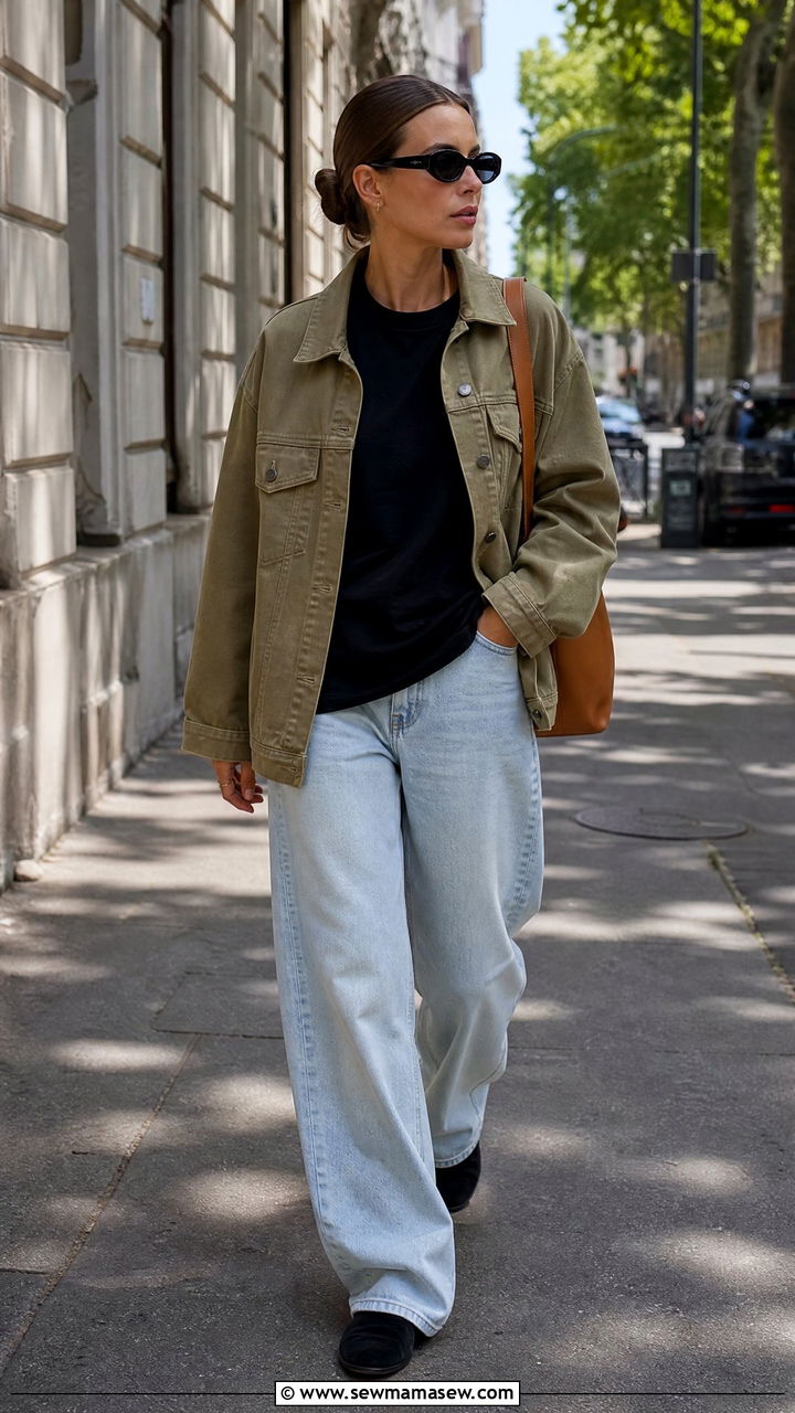 Khaki Denim Jacket With Oversized Black Tee And Wide Leg Jeans - 25 Quiet luxury outfit ideas The Row style