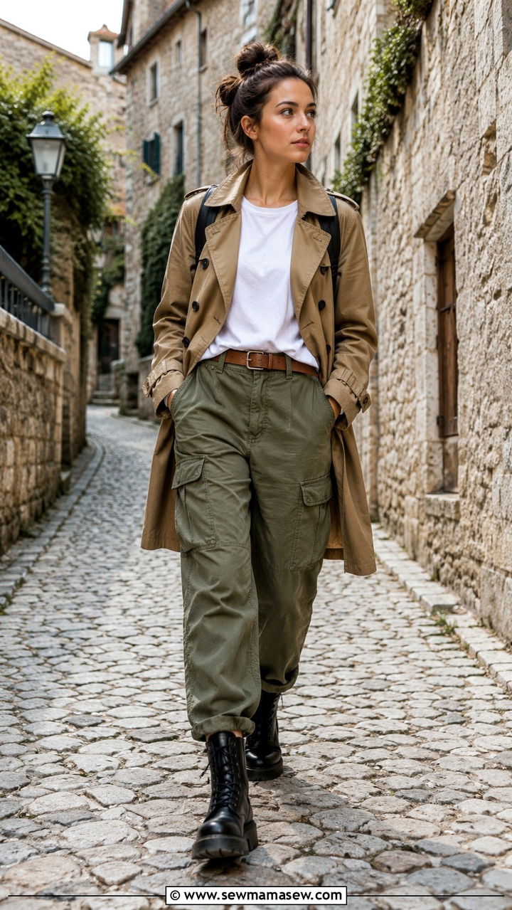 Khaki Double Breasted Military Coat with Cargo Pants and Combat Boots - 30 Double breasted coat outfit ideas