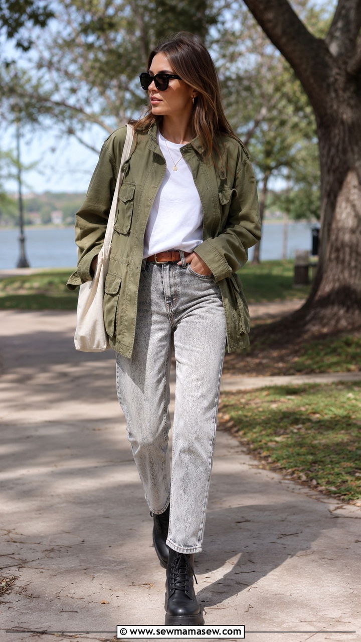Khaki Field Jacket With Acid Wash Jeans - 25 80s outfit ideas 2026