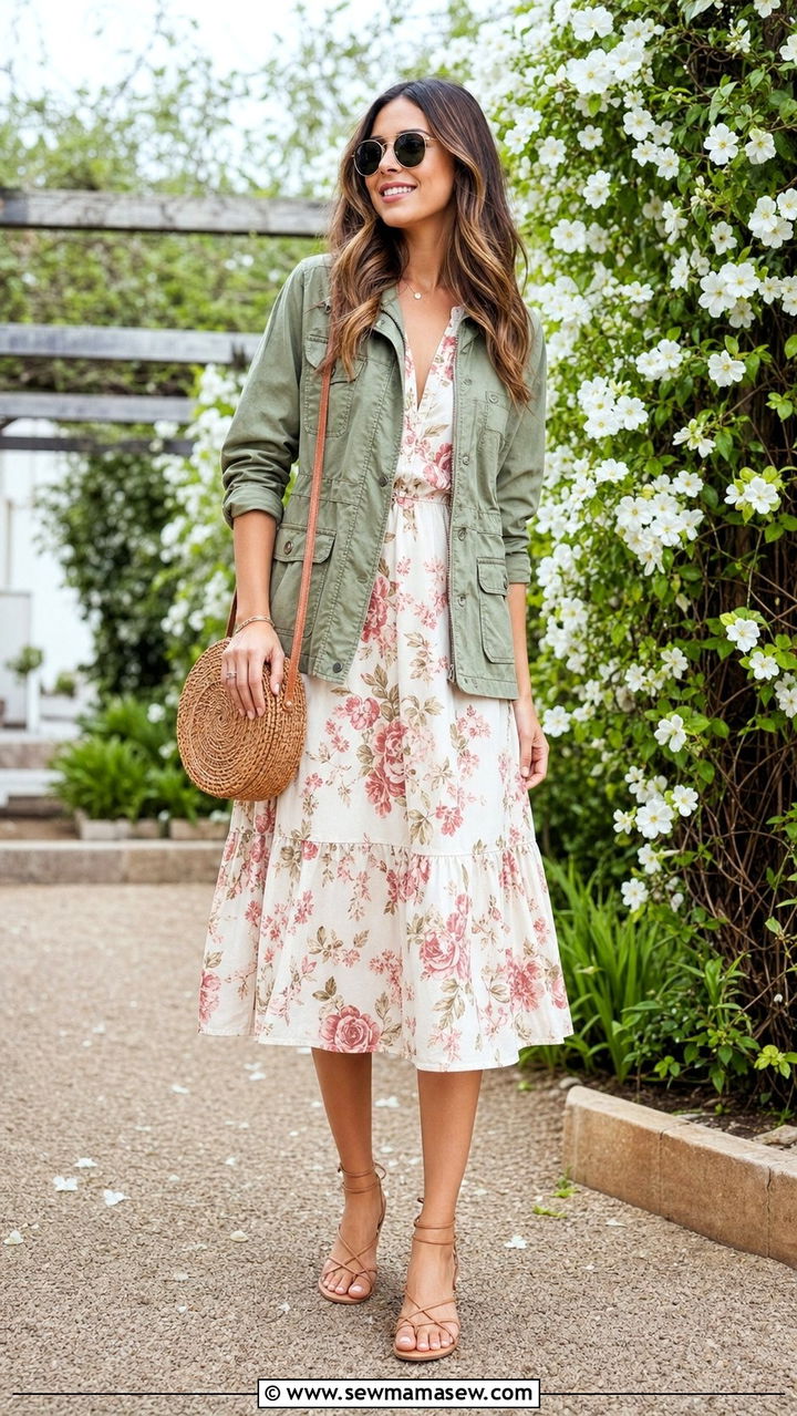 Khaki Jacket Over A Floral Midi Dress - 25 spring khaki jacket outfit ideas