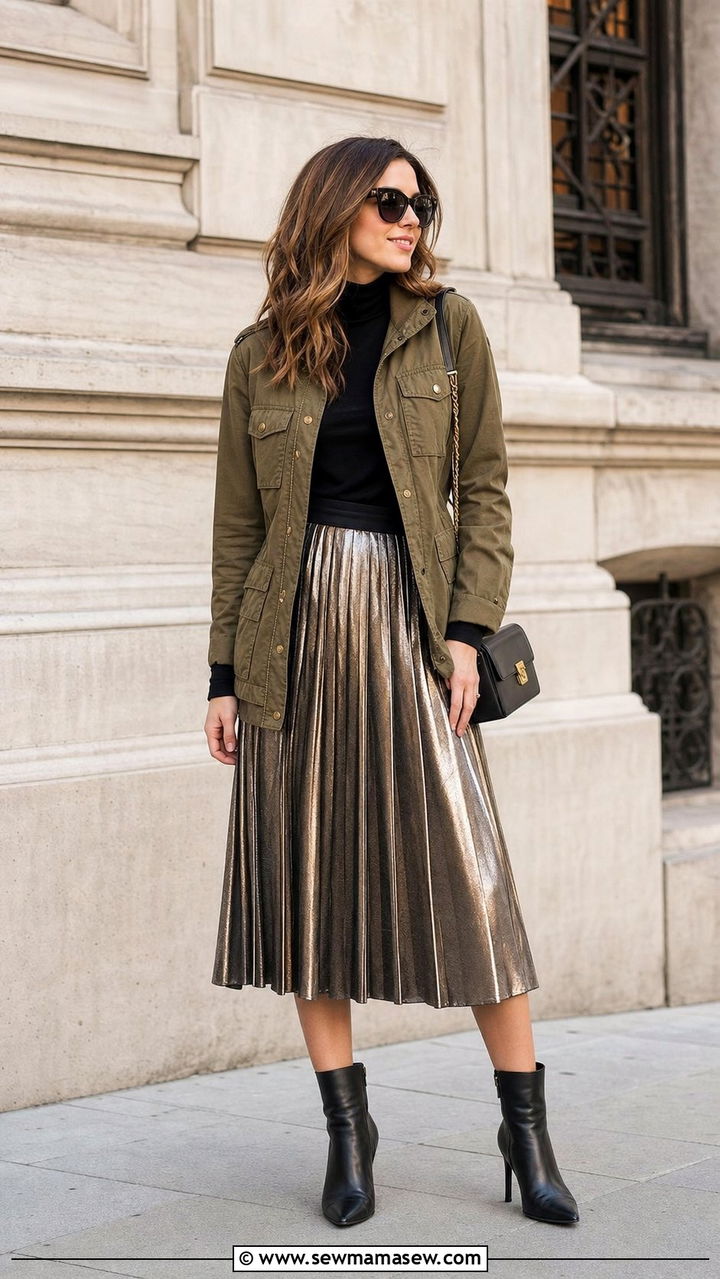 Khaki Jacket With Pleated Midi Skirt - 25 spring khaki jacket outfit ideas