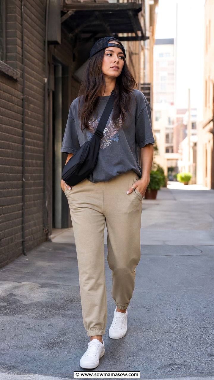 Khaki Jogger Pants With Relaxed Graphic Tee And Sneakers - 30 summer khaki outfit ideas