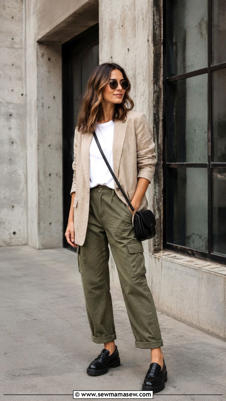 Khaki Linen Blazer with White T Shirt and Cargo Pants - 30 Linen blazer outfit ideas with a t-shirt
