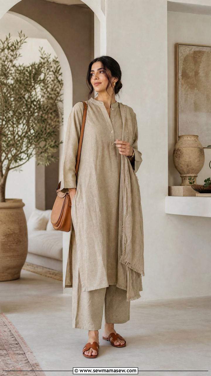 Khaki Linen Kurta Set With Brown Leather Sandals - 25 March Ramadan outfit ideas