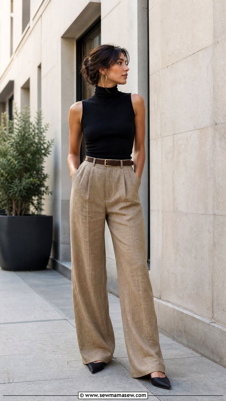Khaki Linen Pants With Black Turtleneck Outfit - 25 linen pants outfits aesthetic