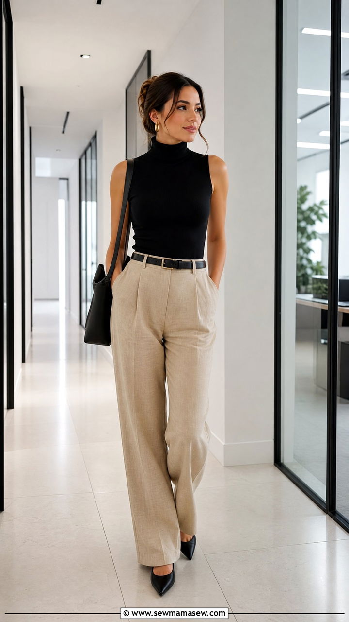 Khaki Linen Pants With Black Turtleneck and Gold Hoops - 25 Spring outfits with linen pants