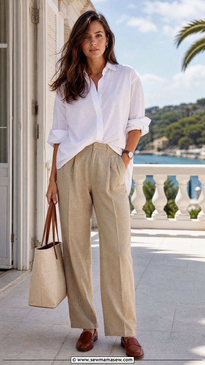 Khaki Linen Pants With White Button Down Shirt - 30 summer khaki outfit ideas