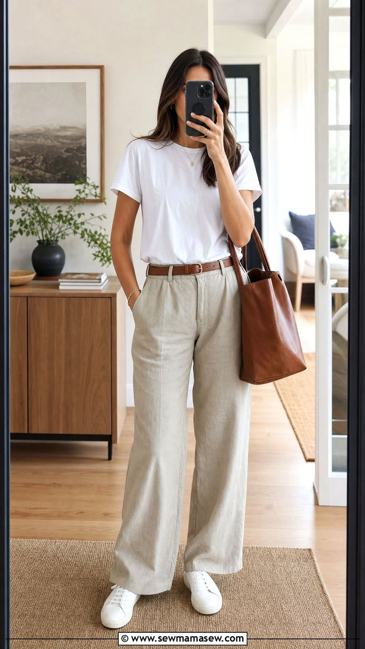 Khaki Linen Pants With White Tee - 25 classy linen pants outfits