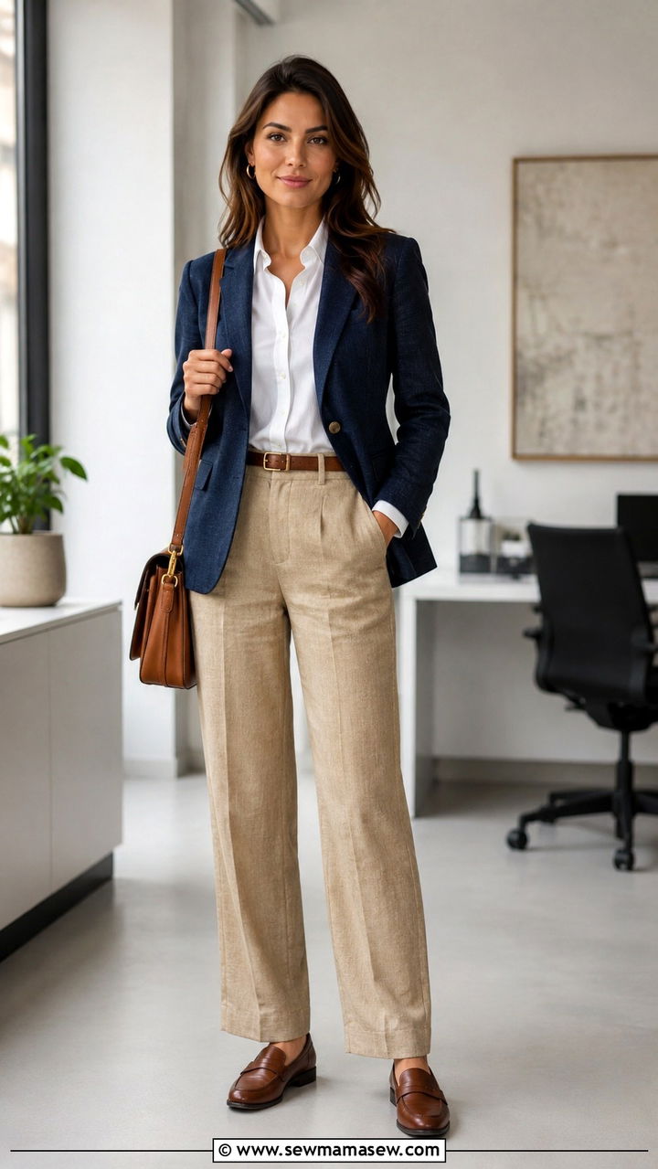 Khaki Linen Trousers With Navy Blazer - 30 Linen pants outfit ideas with a blazer