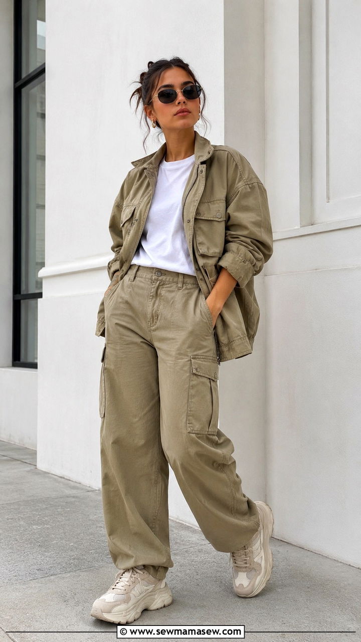 Khaki Matching Cargo Jacket and Pants Set - 30 Tomboy outfit ideas