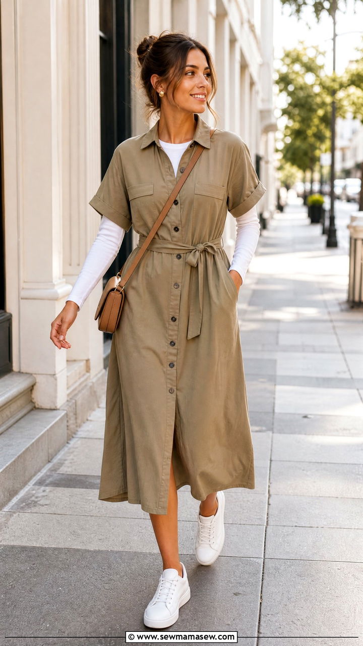 Khaki Midi Dress with White Sneakers - 25 Khaki and white outfit ideas