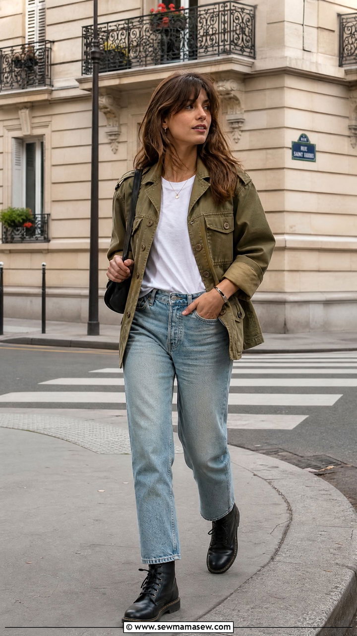 Khaki Military Jacket With Faded Straight Leg Jeans - 30 French girl outfits 2026