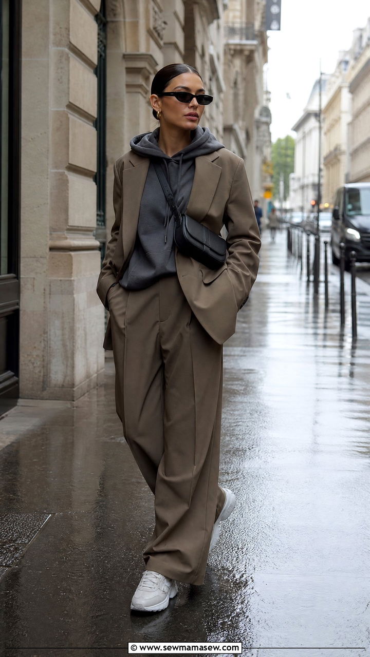 Khaki Oversized Suit With Slate Grey Hoodie Outfit - 25 classy glamoratti outfits