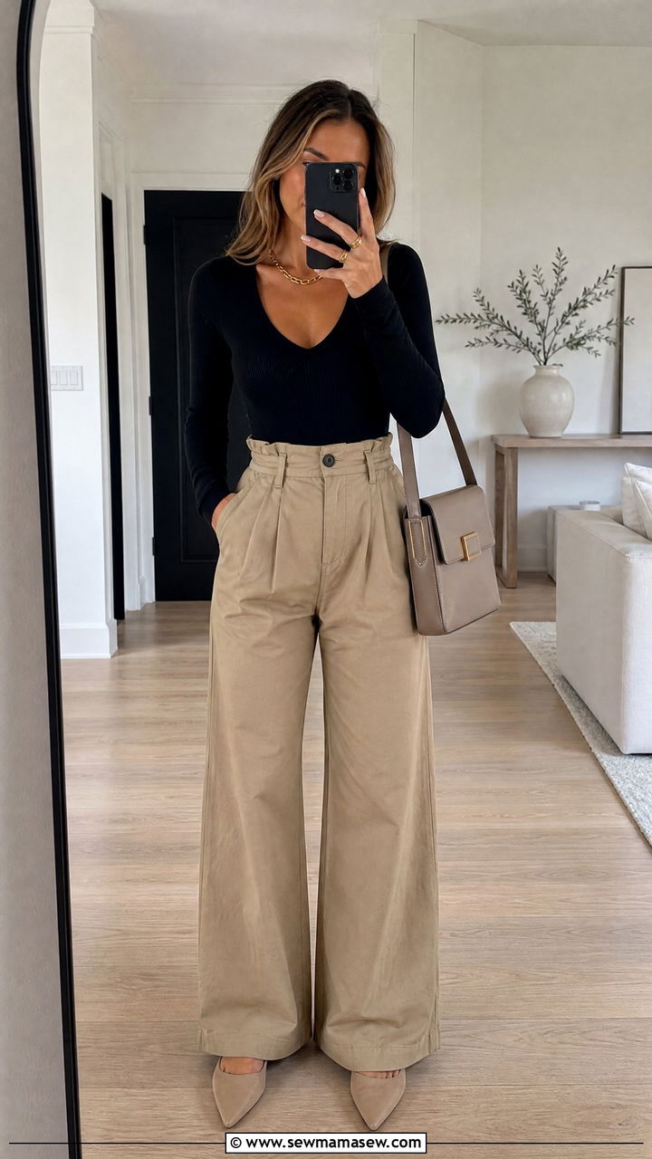 Khaki Paperbag Waist Pants With Ribbed Bodysuit - 30 summer khaki outfit ideas