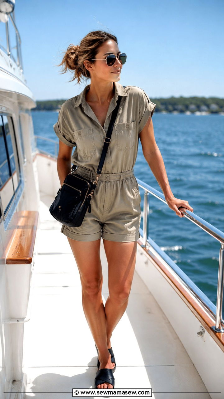 Khaki Romper and Slide Sandals Boat Day Outfit - 25 Boat day outfit ideas 2026