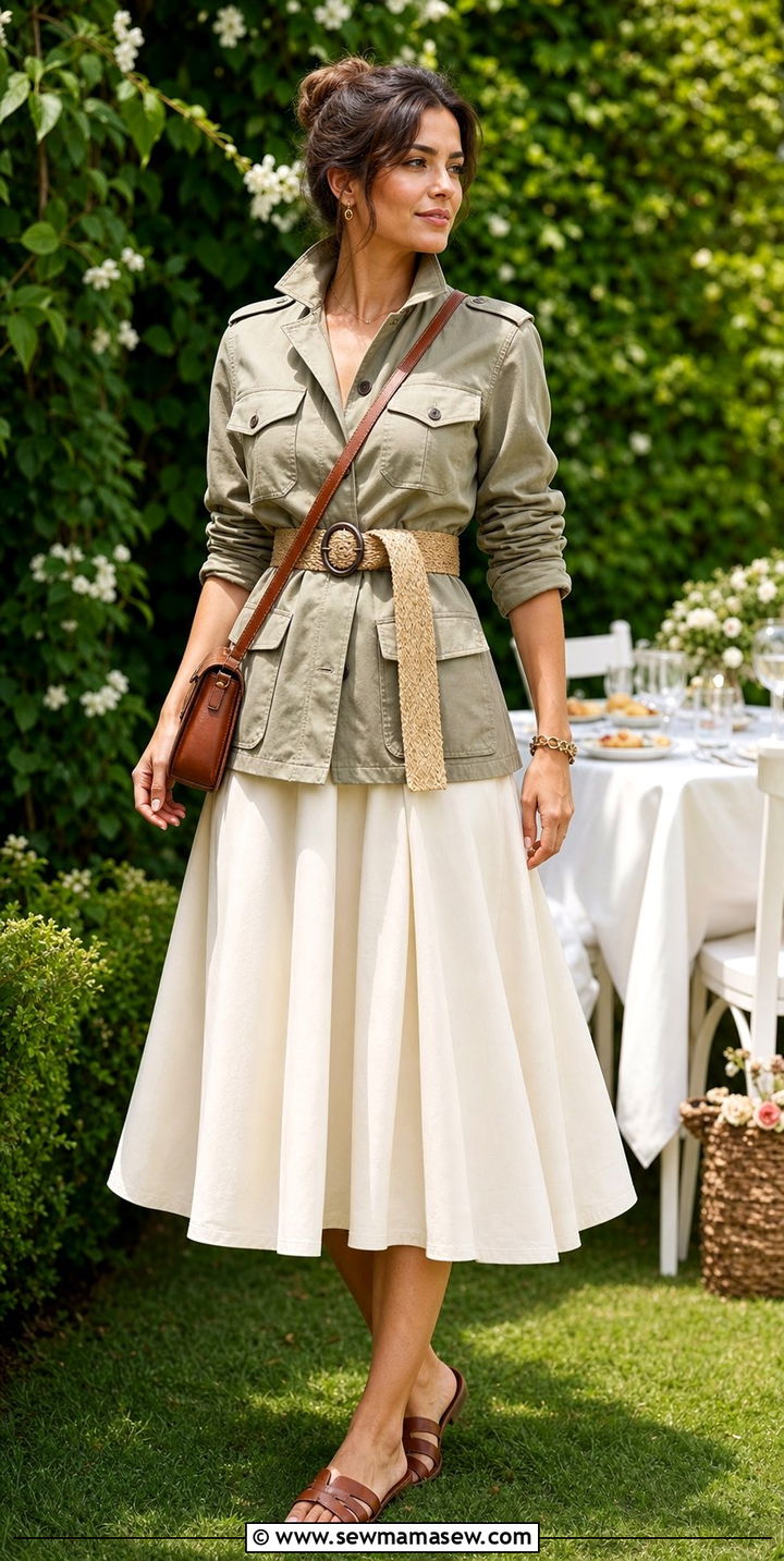 Khaki Safari Jacket With Midi Skirt And Sandals - 25 spring khaki jacket outfit ideas