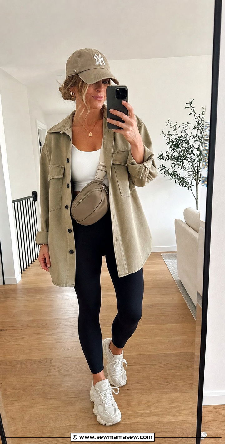 Khaki Shacket With Leggings And Sneakers - 25 spring khaki jacket outfit ideas